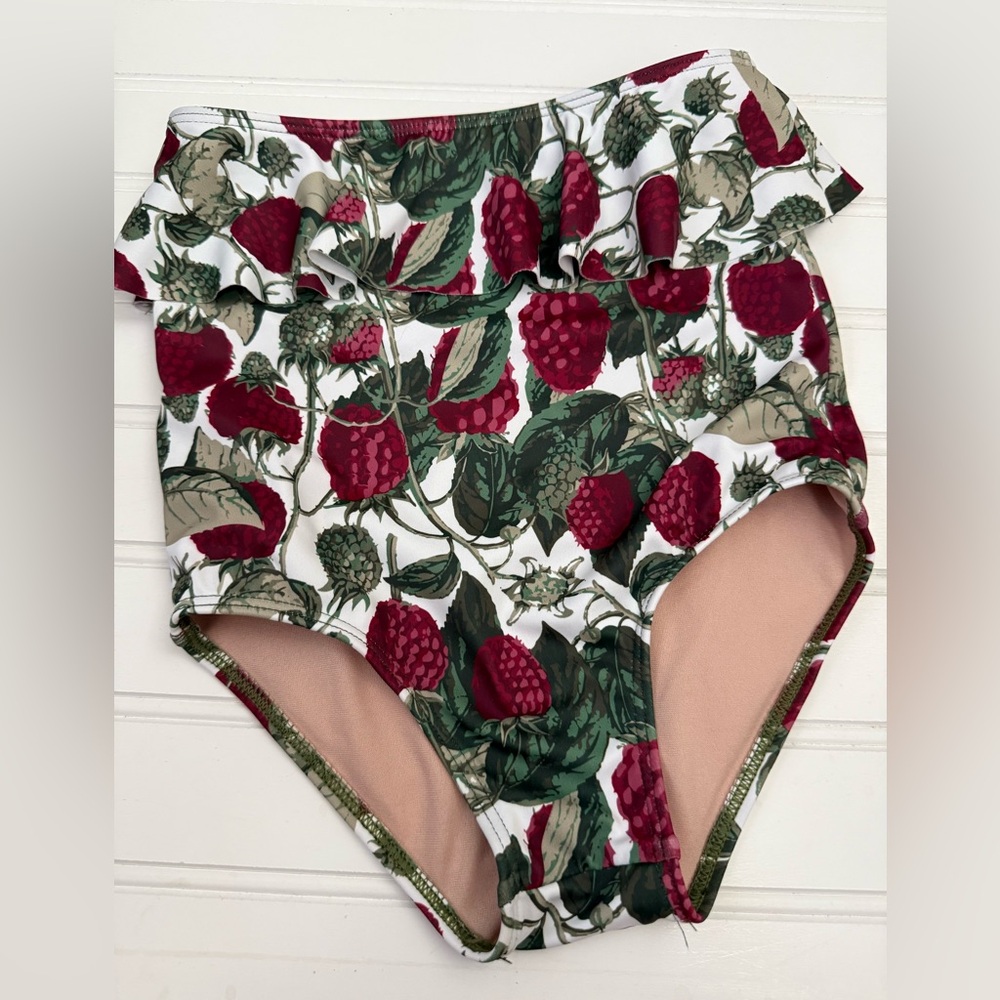 Kortni Jeane Raspberry Print High-Waist Bikini Bottoms - White, Red & Green